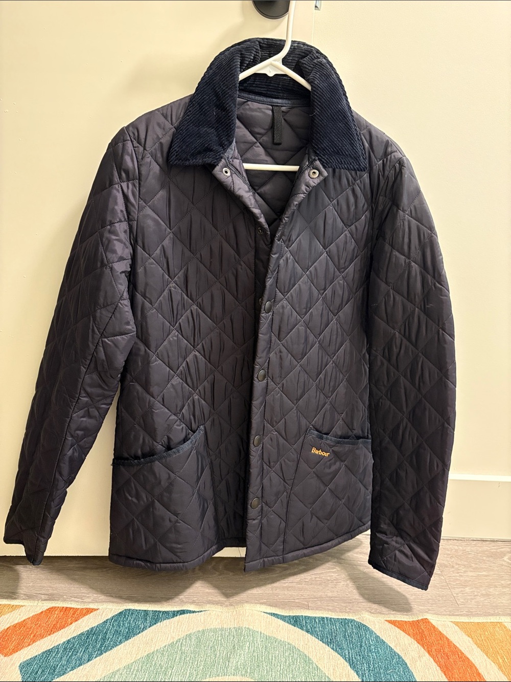 Barbour Quilted Dark Navy Jacket with Corduroy Collar